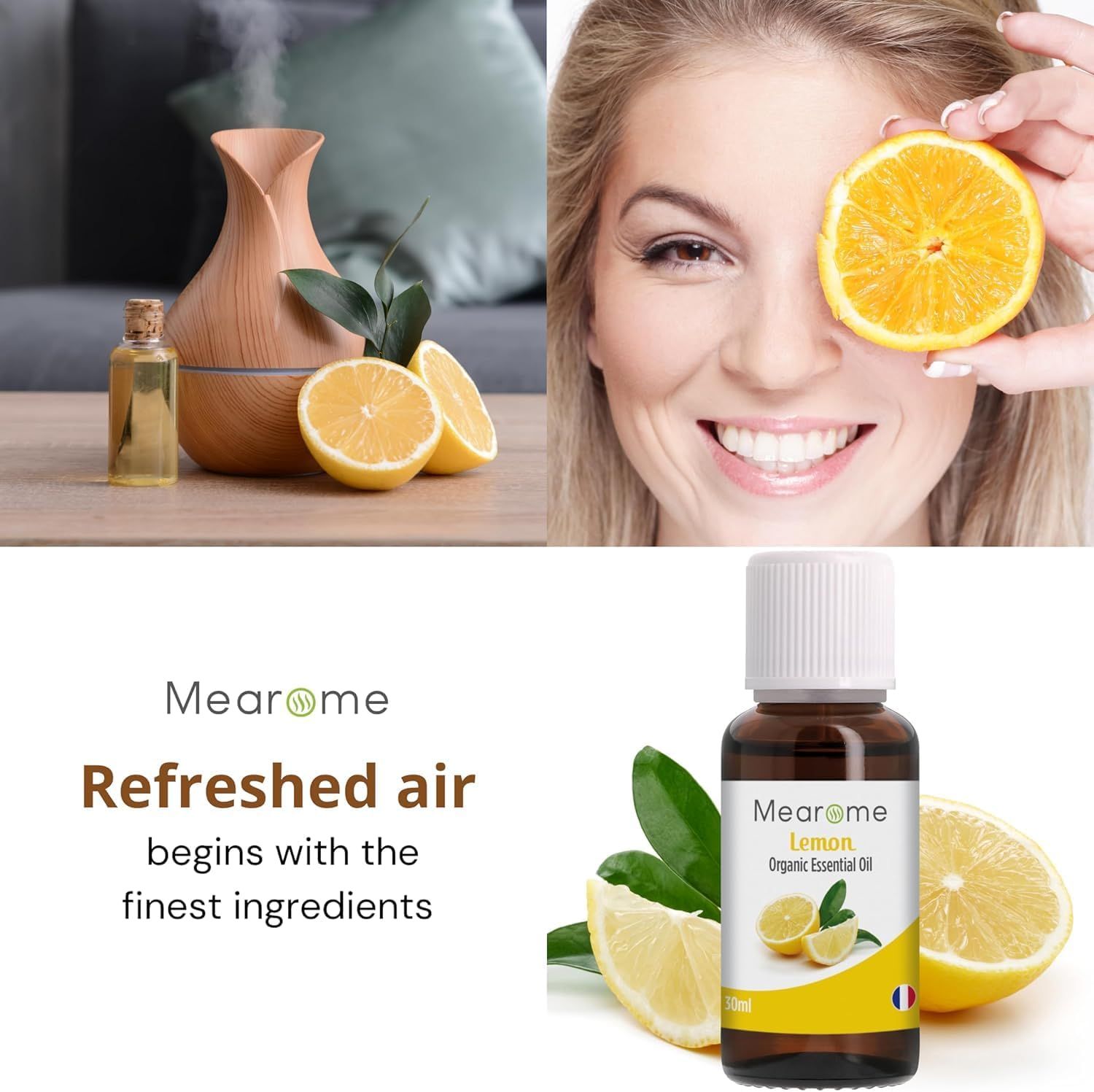 Flacone di olio di limone, diffusore, donna, limone. Testo: Refreshed air begins with the finest ingredients. Marchio: Mearome.