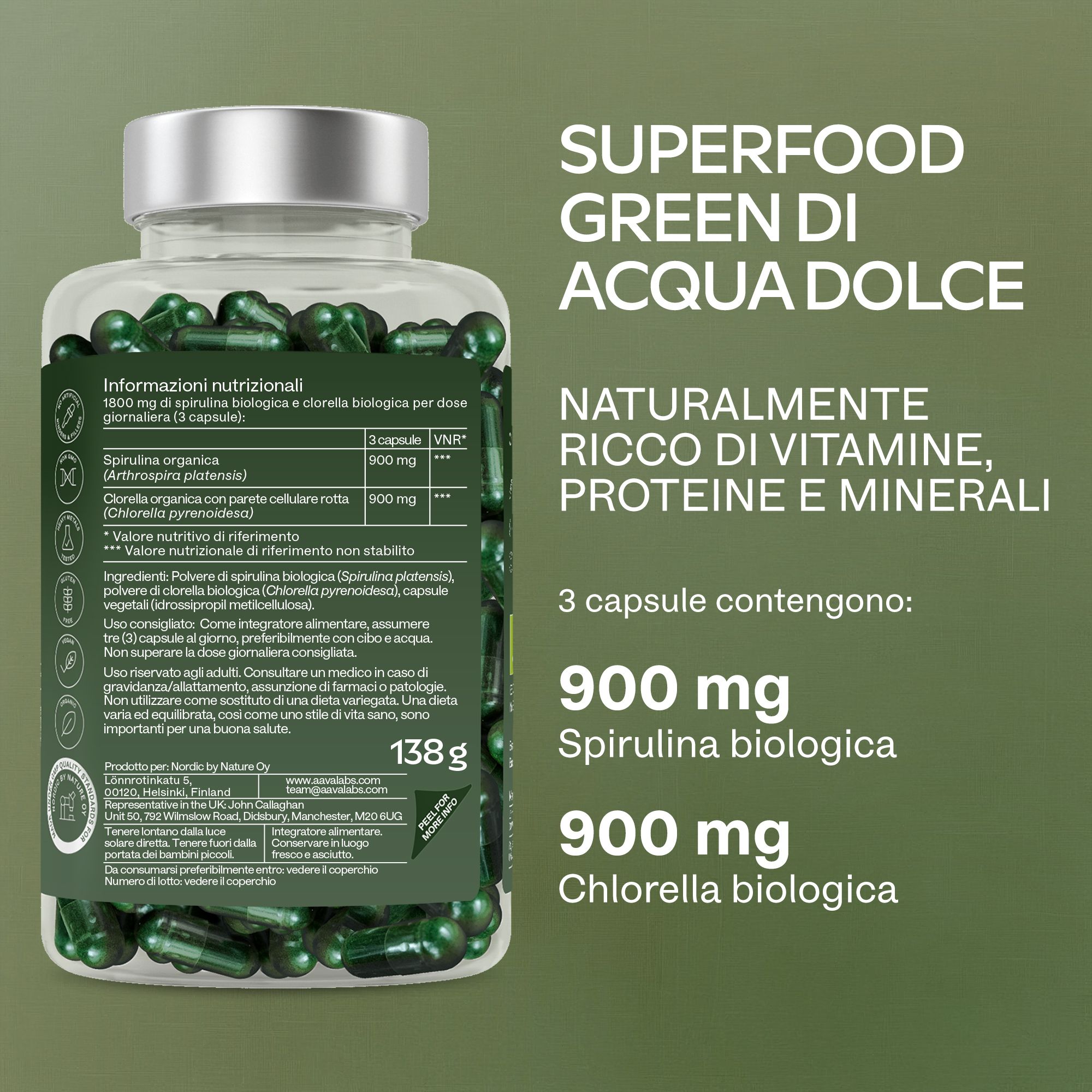 Bottiglia di capsule verdi e informazioni nutrizionali in italiano.