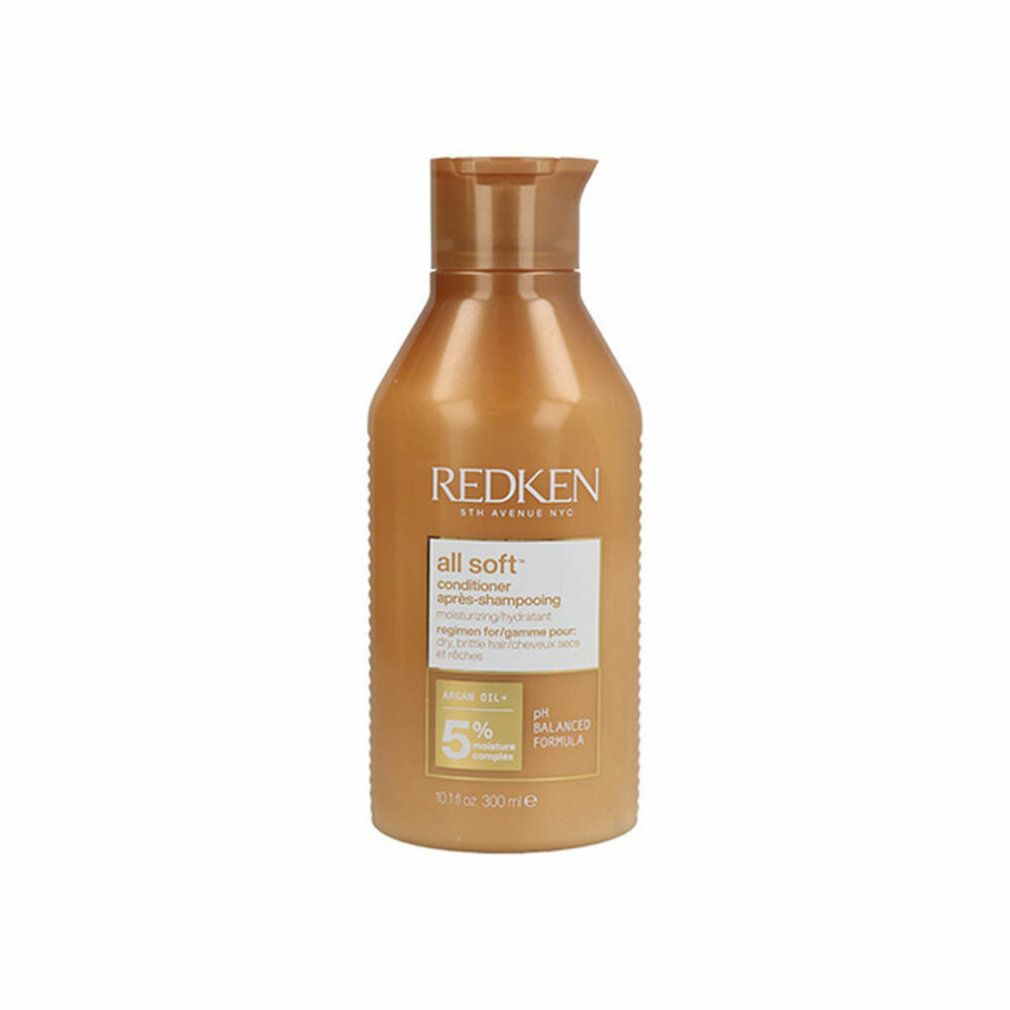 Flacone arancione Redken All Soft Conditioner. Scritta: All Soft, Conditioner, pH Balanced Formula. Flacone con beccuccio.