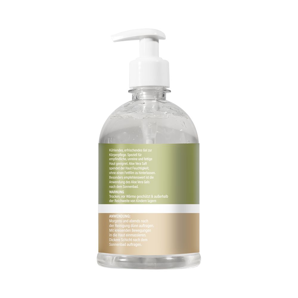 Retro del flacone di gel di aloe vera Enolenia® con istruzioni per l'uso e avvertenze.