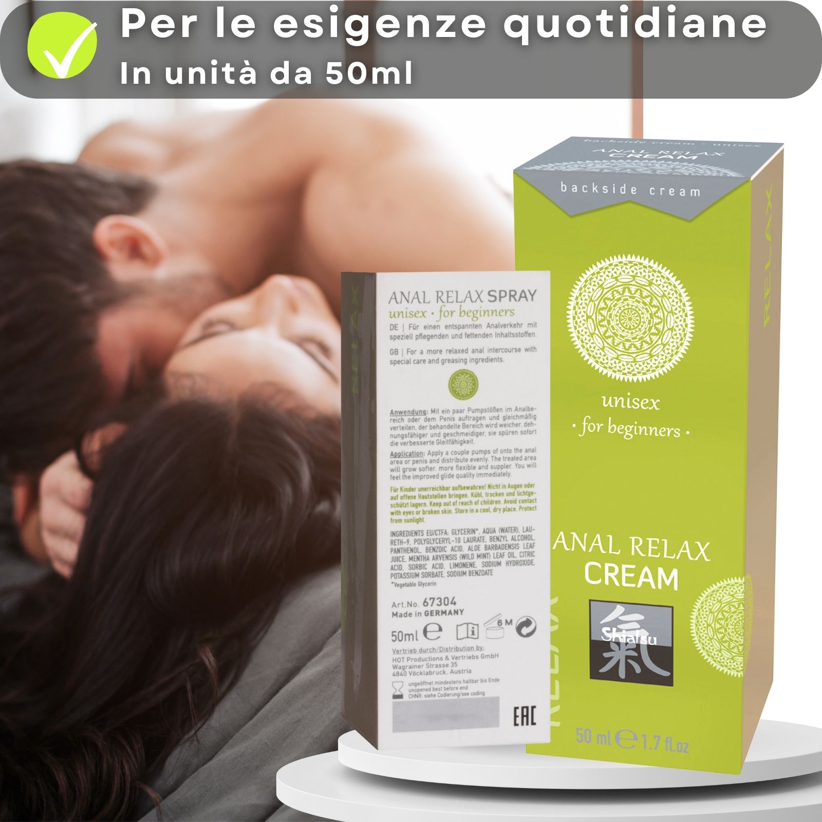 Tubo verde. Testo: ANAL RELAX CREAM, unisex for beginners. Logo. Tappo rosa. 50 ml. Segno di spunta. Coppia sullo sfondo.