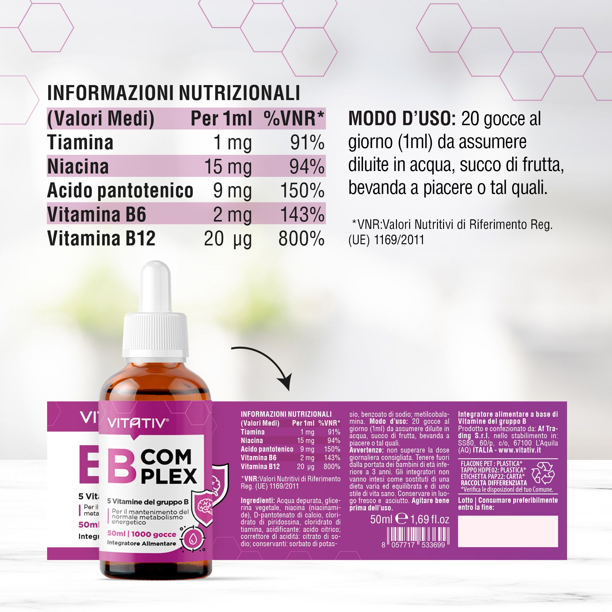 VITATIV® B Complex Vitamine Gruppo B - Integratore in Gocce con Vitamina B1, B3, B5, B6 e B12