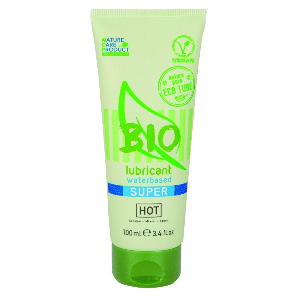 Tubo lubrificante HOT Bio Super, a base d'acqua, con etichetta 'Eco Tube' e sigillo Vegan.