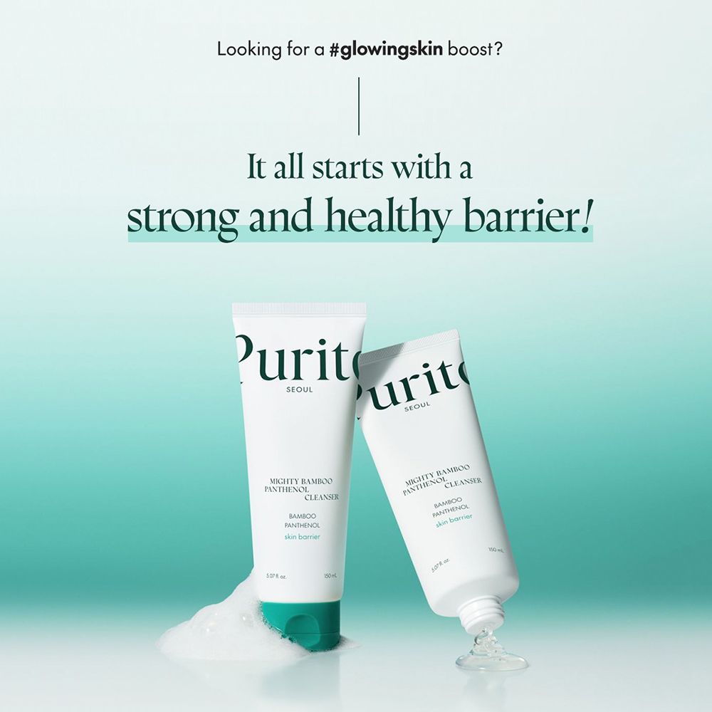 Due tubi con schiuma. Scritta: PURITO, Mighty Bamboo Panthenol Cleanser.