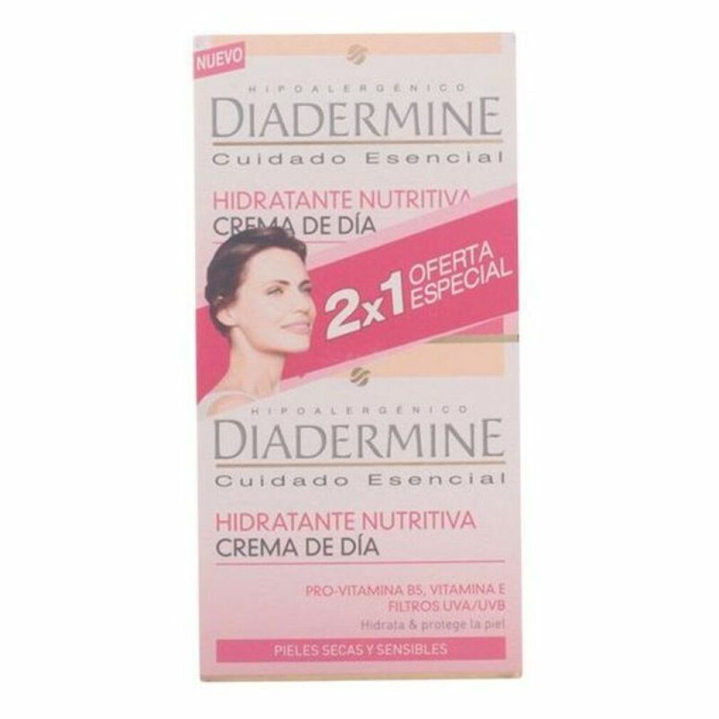 Confezione crema giorno Diadermine. Design rosa e bianco con nome del prodotto e offerta 2x1. Contiene testo su ingredienti e tipo di pelle.