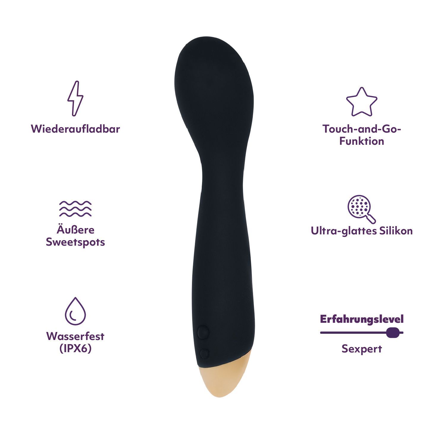 Massaggiatore nero con dettaglio dorato. Testo: Ricaricabile, Punti sensibili esterni, Impermeabile (IPX6), Funzione touch, Silicone ultra-liscio, Livello esperienza: Sexpert.