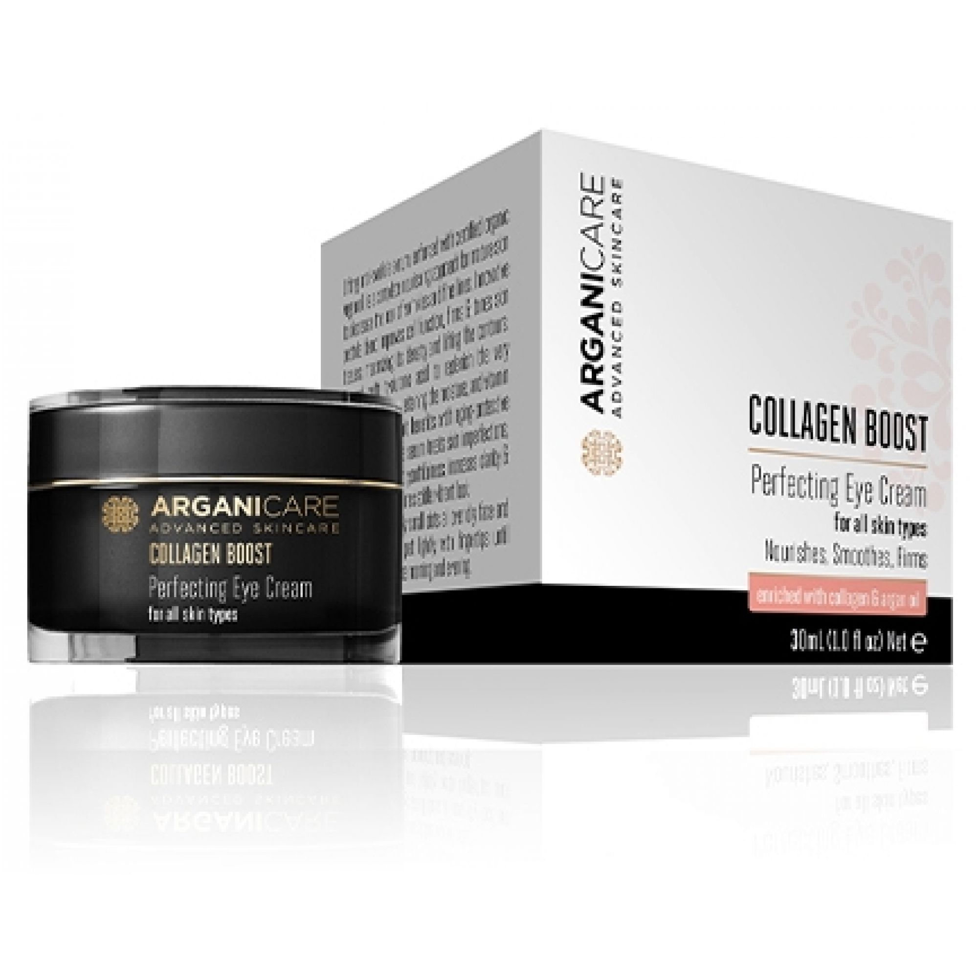 Crema contorno occhi Arganicare Collagen Boost in vaso nero accanto a scatola pieghevole bianca.