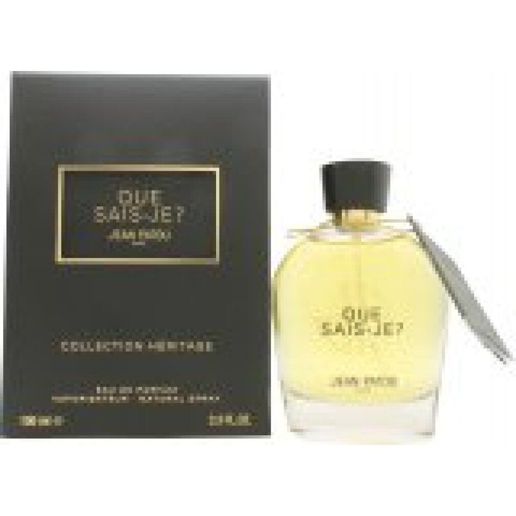 Scatola nera e flacone. Scritto: Que Sais-Je? Jean Patou. Collection Héritage. Flacone con liquido giallo ed etichetta.