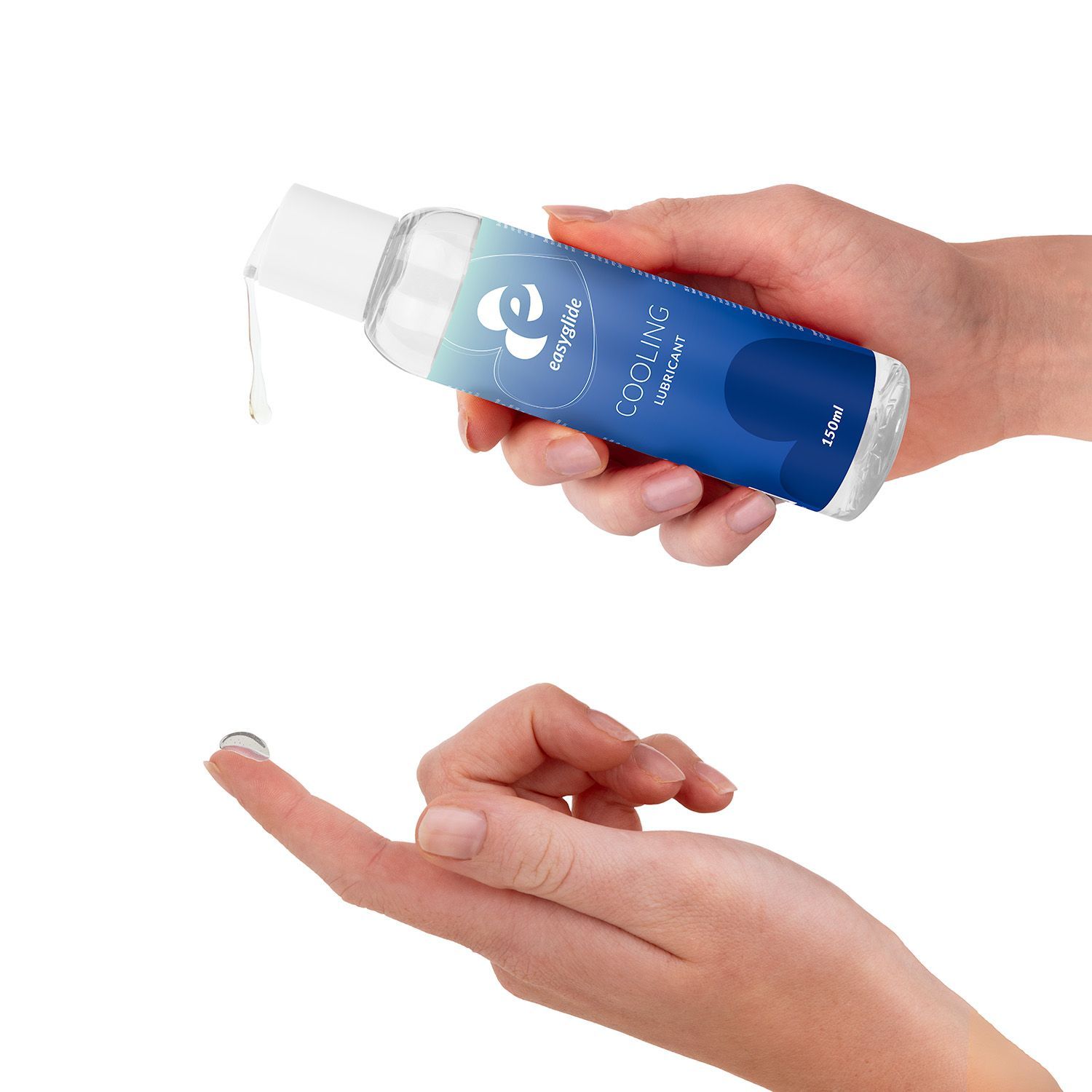 Mani che tengono un flacone, un liquido gocciola. Una goccia su un dito.