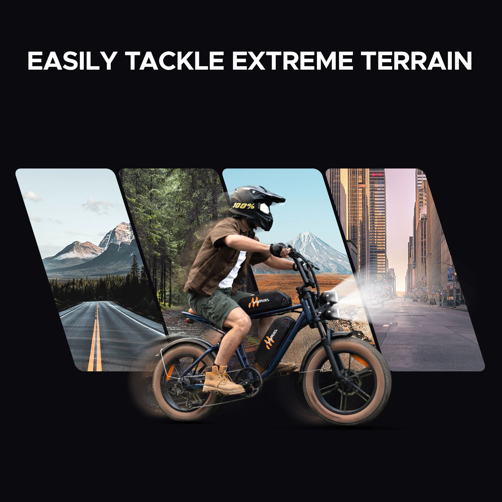 E-bike su diversi terreni. Testo: Affronta facilmente i terreni estremi. Montagne, foresta, città.