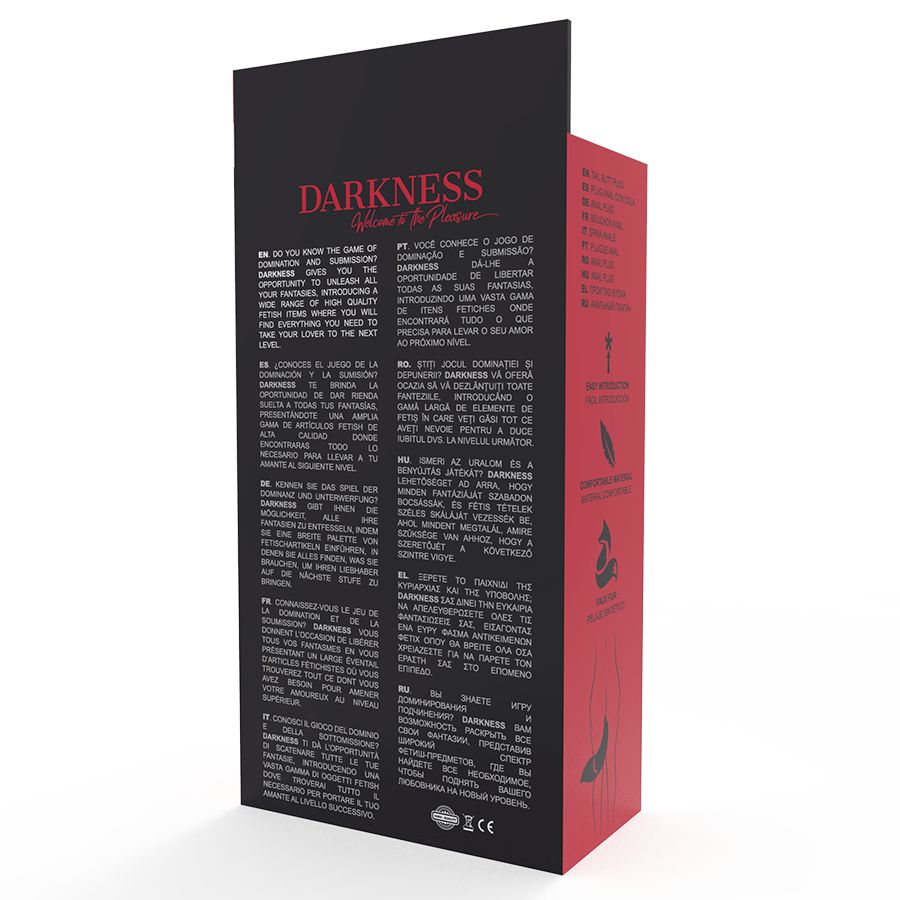 Confezione con titolo 'Darkness' e descrizioni prodotto multilingue.