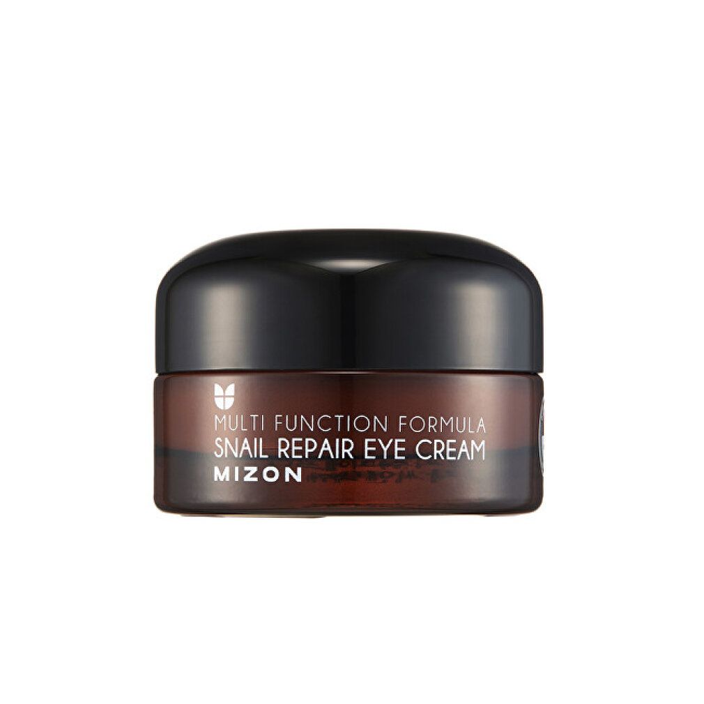 Vaso di crema marrone con coperchio nero. Scritta: MIZON Snail Repair Eye Cream.