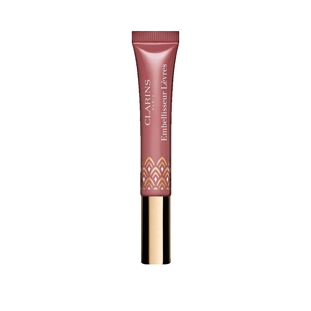 Tubo di lip enhancer. Tubo rosa con applicatore dorato. Scritta Clarins e Embellisseur Lèvres.
