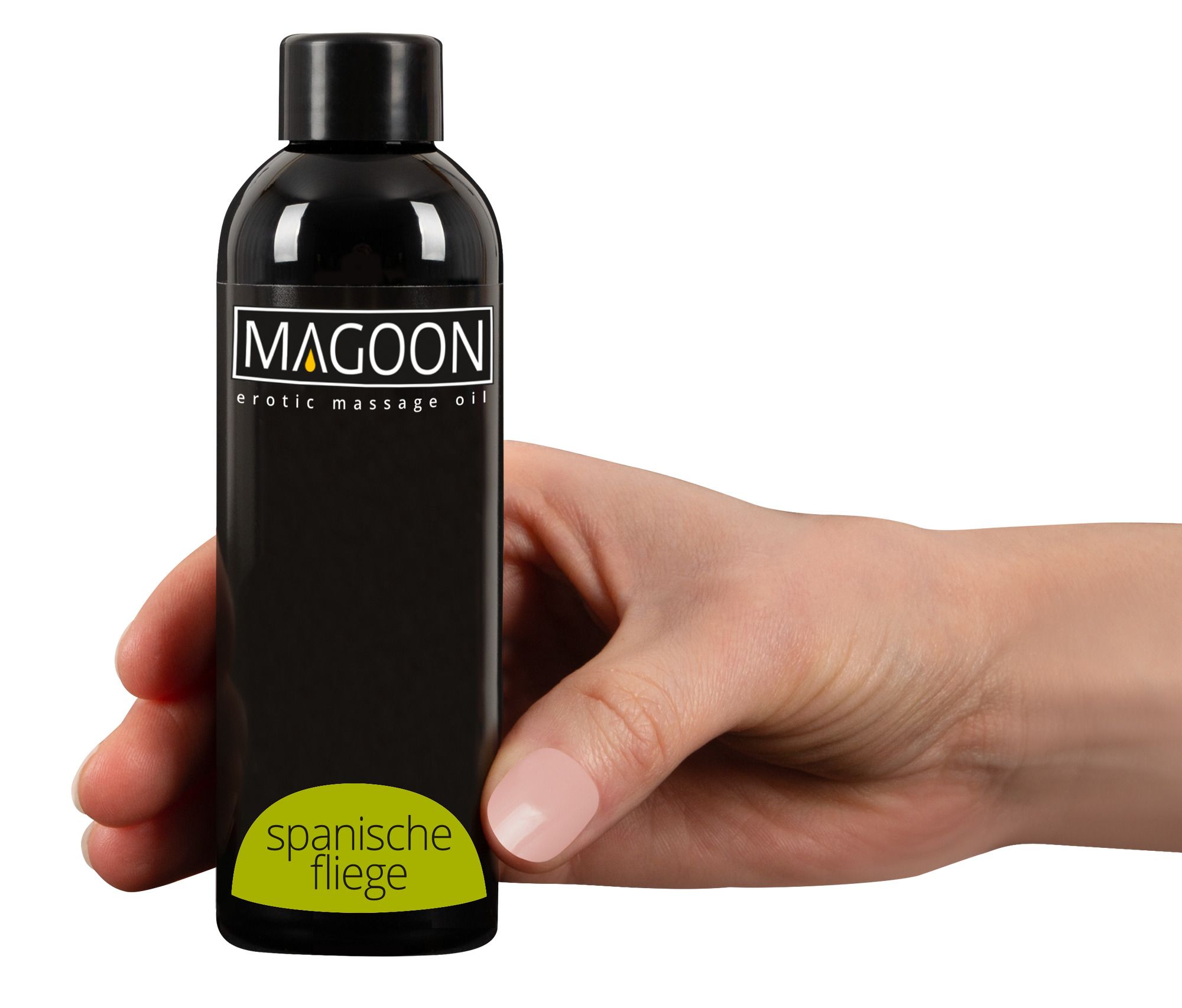 Bottiglia nera di olio da massaggio erotico MAGOON, etichetta "spanische fliege".