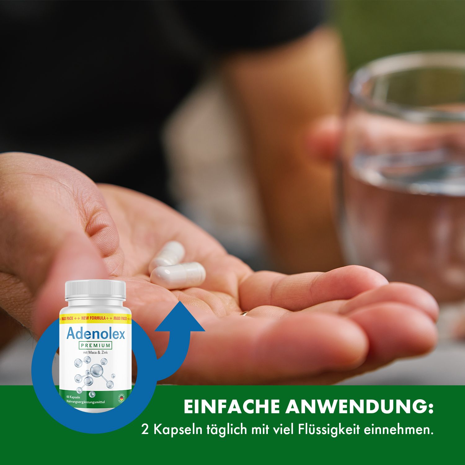 Mano con due capsule bianche. Accanto, flacone con Adenolex Premium. Testo: Uso semplice: assumere 2 capsule al giorno con molto liquido.