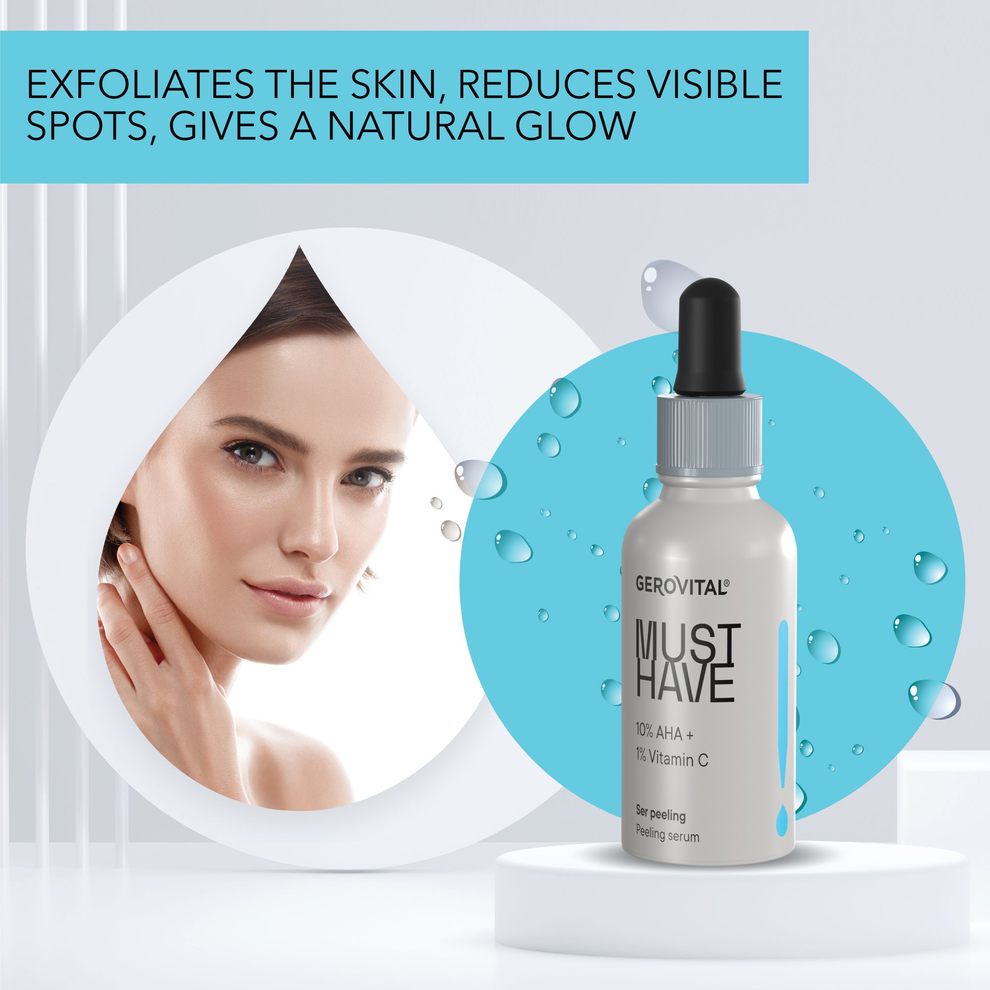 Flacone di siero Gerovital con contagocce e volto di donna. Scritta: MUST HAVE, 10% AHA + 1% Vitamina C.