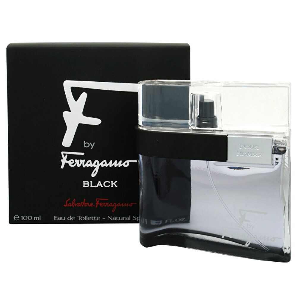 Scatola e flacone neri. Scritta: F by Ferragamo Black. Eau de Toilette. 100 ml.