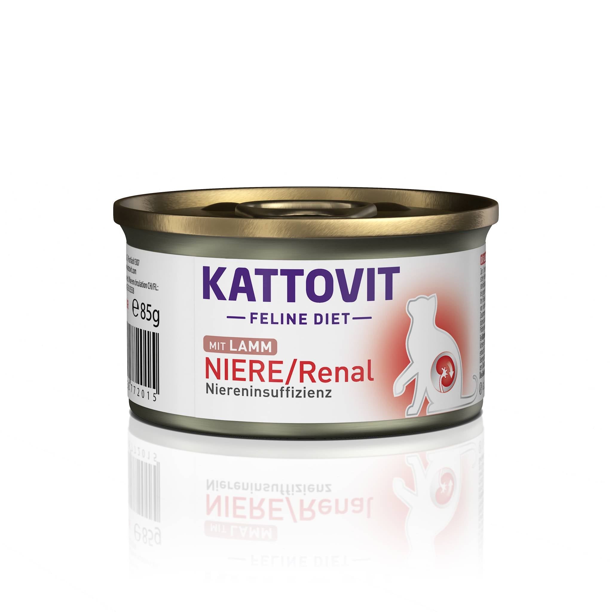Cibo umido per gatti Kattovit Niere/Renal Lamm. Lattina con coperchio, etichetta con nome del prodotto, logo e testo. Illustrazione di un gatto.
