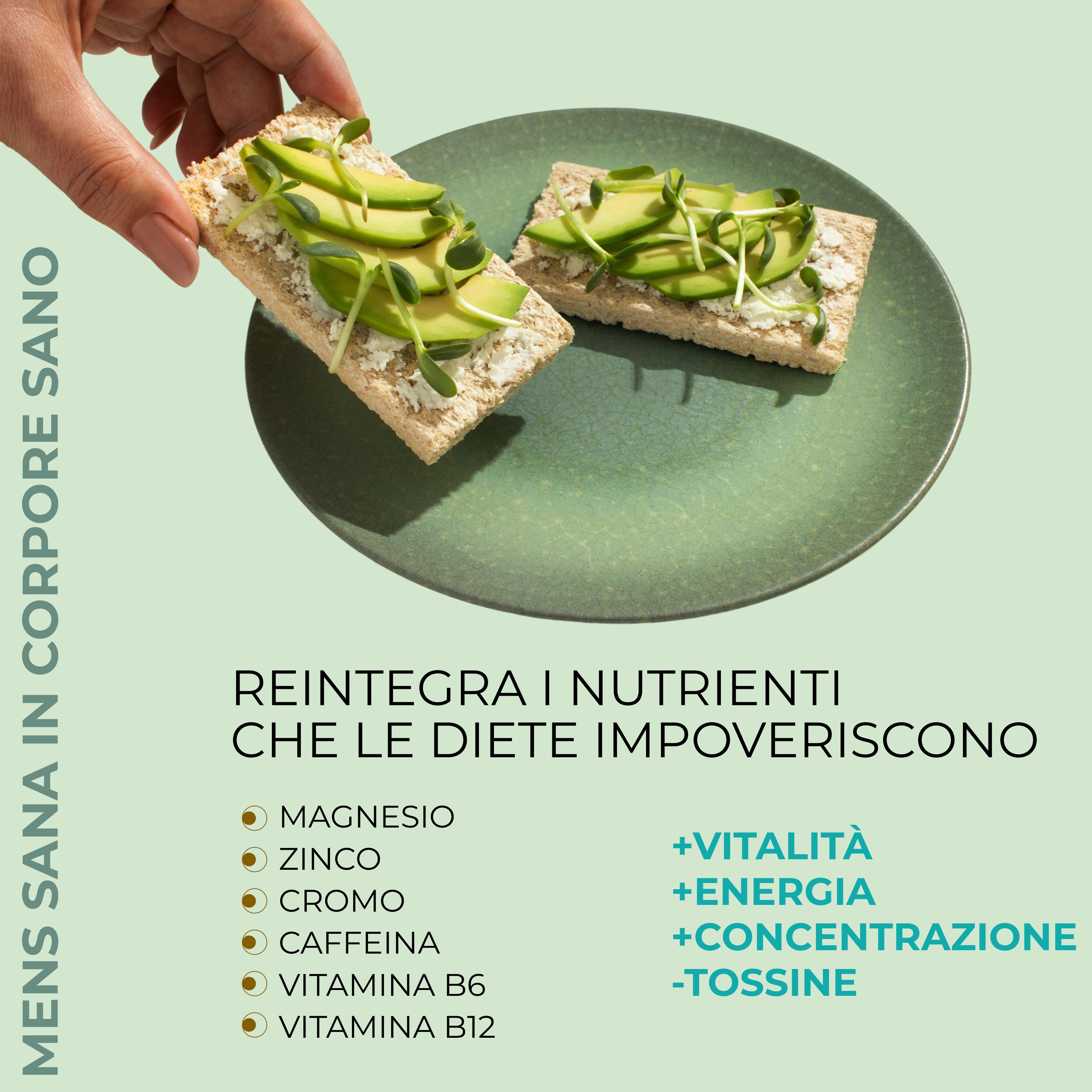 Due toast con avocado. Testo: Magnesio, Zinco, Cromo, Caffeina, Vitamina B6, Vitamina B12. +Vitalità, +Energia, +Concentrazione.