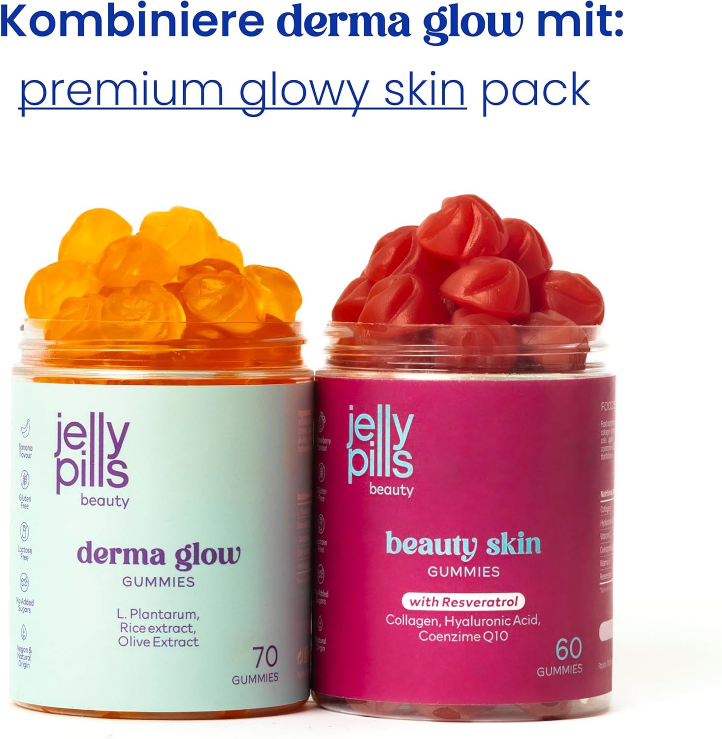 Due barattoli di Jelly Pills Gummies. Derma Glow e Beauty Skin. 70 e 60 caramelle gommose. Scritta: L. Plantarum, Resveratrolo, Collagene, Acido Ialuronico, Coenzima Q10.