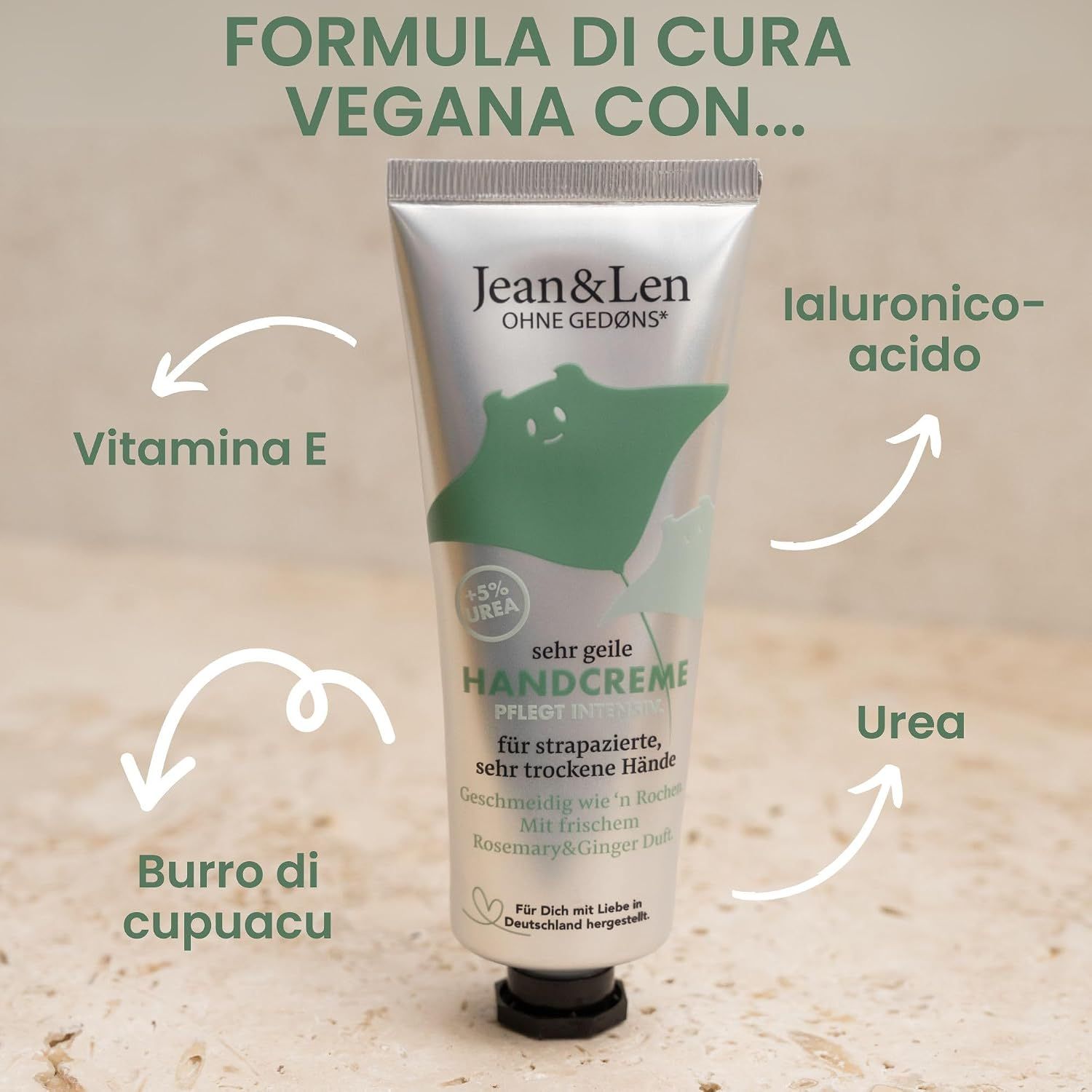 Crema mani Jean & Len: Vegano, Prodotto in Germania, senza parabeni, siliconi, oli minerali, coloranti.