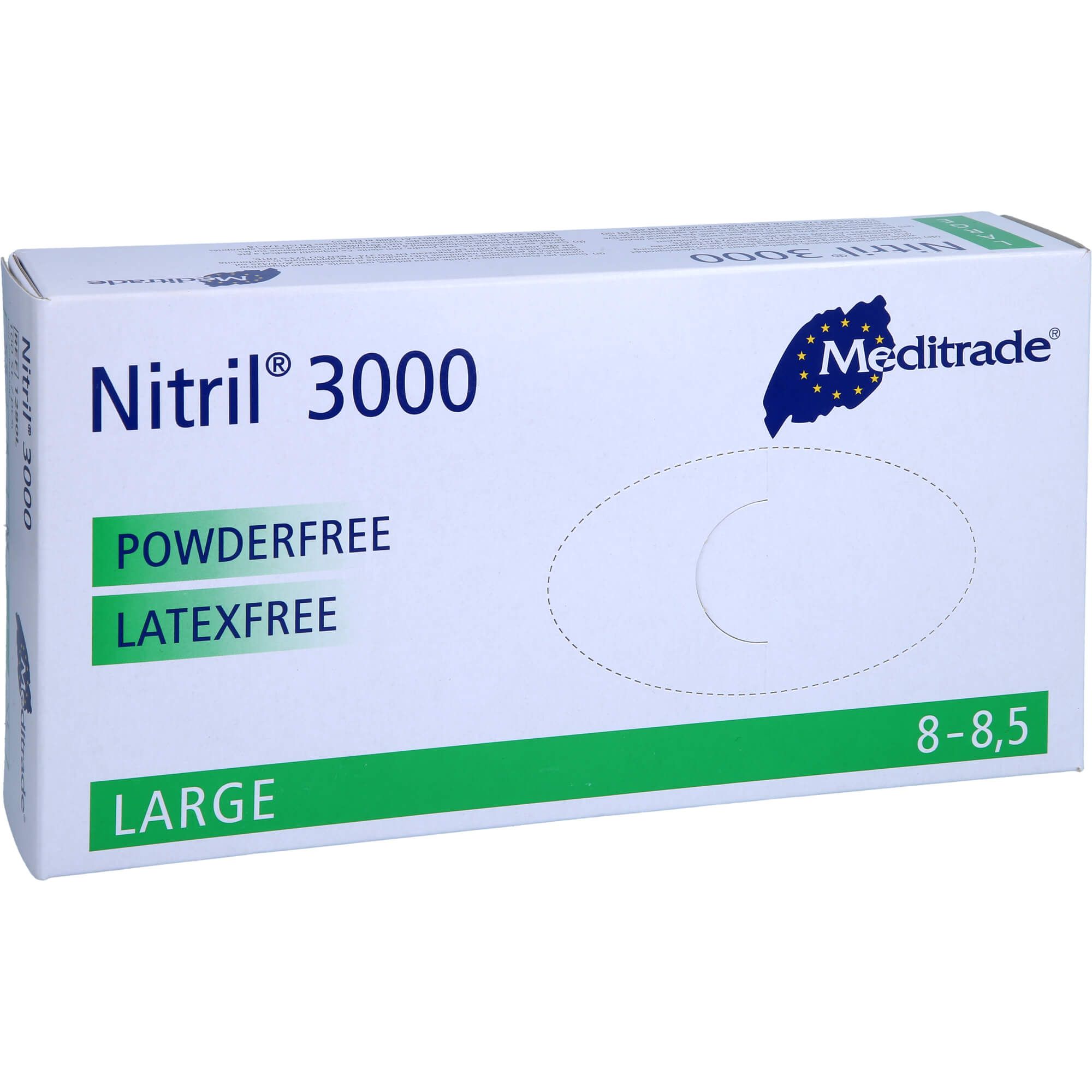 Scatola di guanti Nitril® 3000. Senza polvere, senza lattice. Taglia: Large. Marca: Meditrade. Taglia 8-8,5.