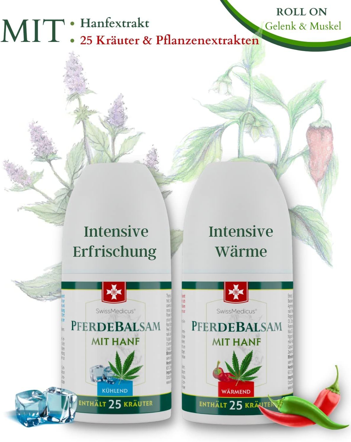 Due roll-on con testo: SwissMedicus, Pferdebalsam mit Hanf. Uno rinfrescante, uno riscaldante. Grafici cubetti di ghiaccio e peperoncino.