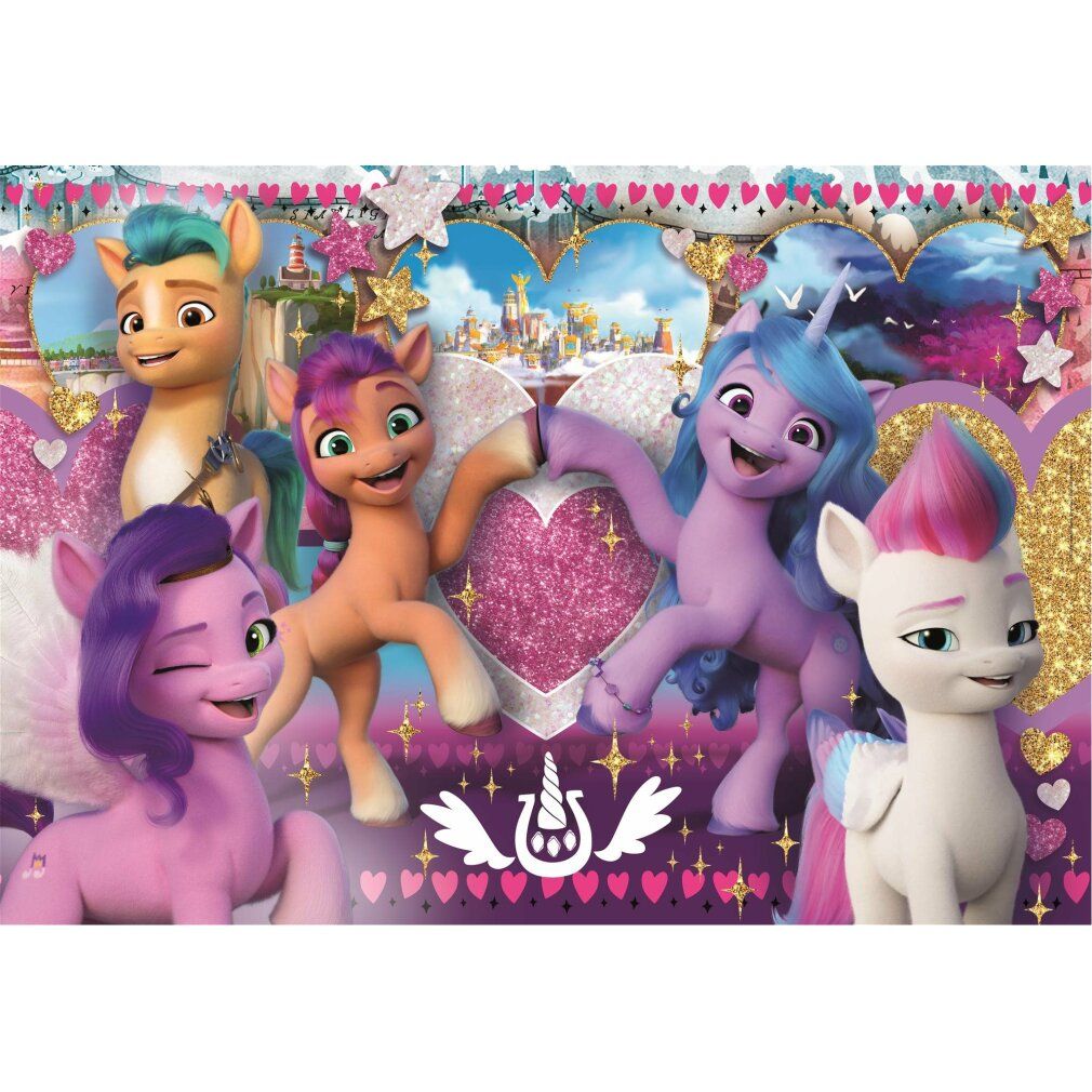 Puzzle My Little Pony. Sei pony su sfondo a cuore. Elementi scintillanti. Viola, rosa, arancione, blu e bianco. Senza confezione.