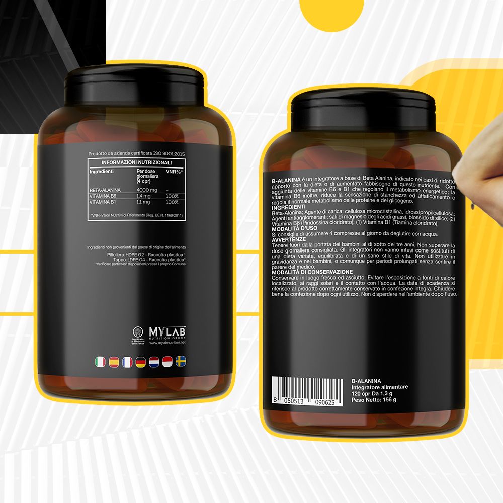 Viste posteriori e anteriori di un barattolo di Beta-Alanina con informazioni nutrizionali e loghi.