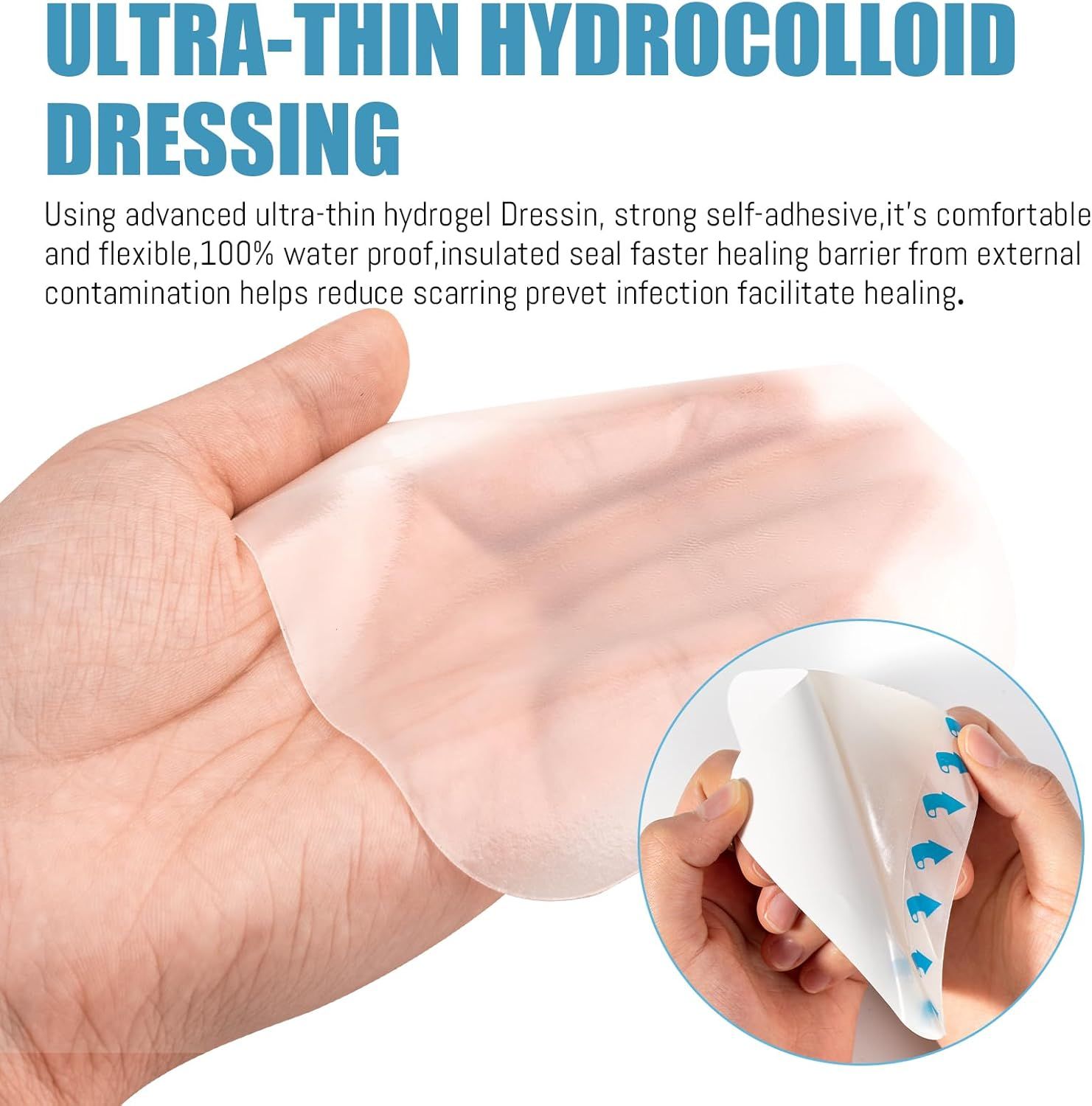 Persona che tiene una medicazione rettangolare trasparente. Testo: Medicazione idrocolloide ultra-sottile. Retro con frecce blu.