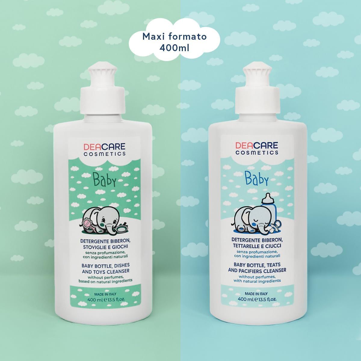 Due bottiglie di DEACARE Baby Detergente. Una con la scritta 'Stoviglie e giochi', l'altra con 'Tettarelle e ciucci'.