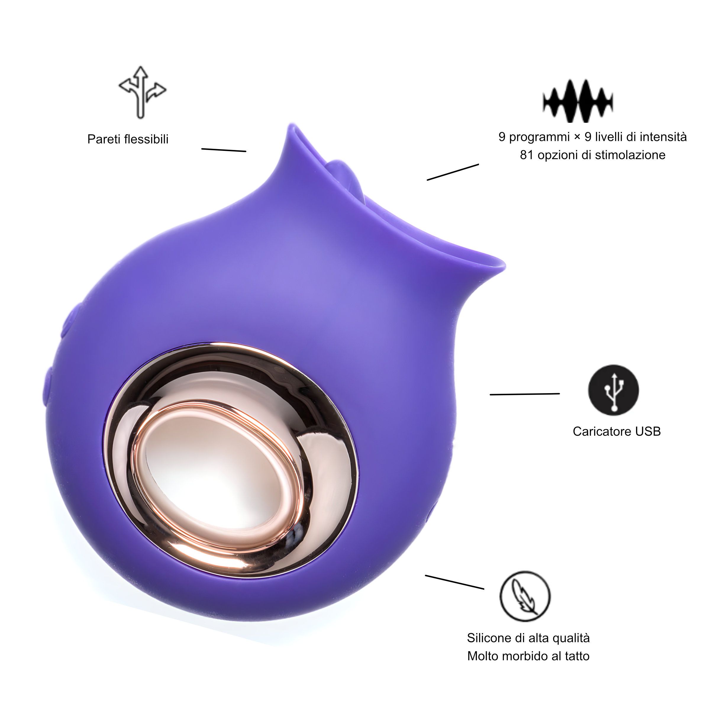 Vibratore lingua viola in silicone di alta qualità, 81 modalità, caricatore USB.