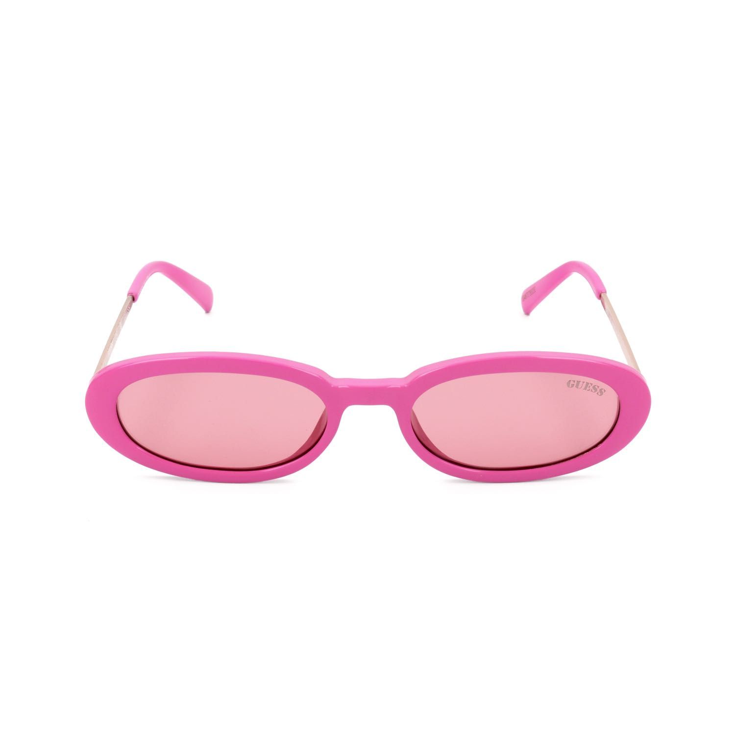 Occhiali da sole ovali rosa con aste argentate e lenti rosa. Logo Guess sulla lente.