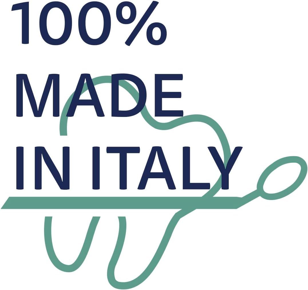 Logo con testo: 100% MADE IN ITALY. Il testo è blu. Sotto il testo c'è una linea verde e un dente.
