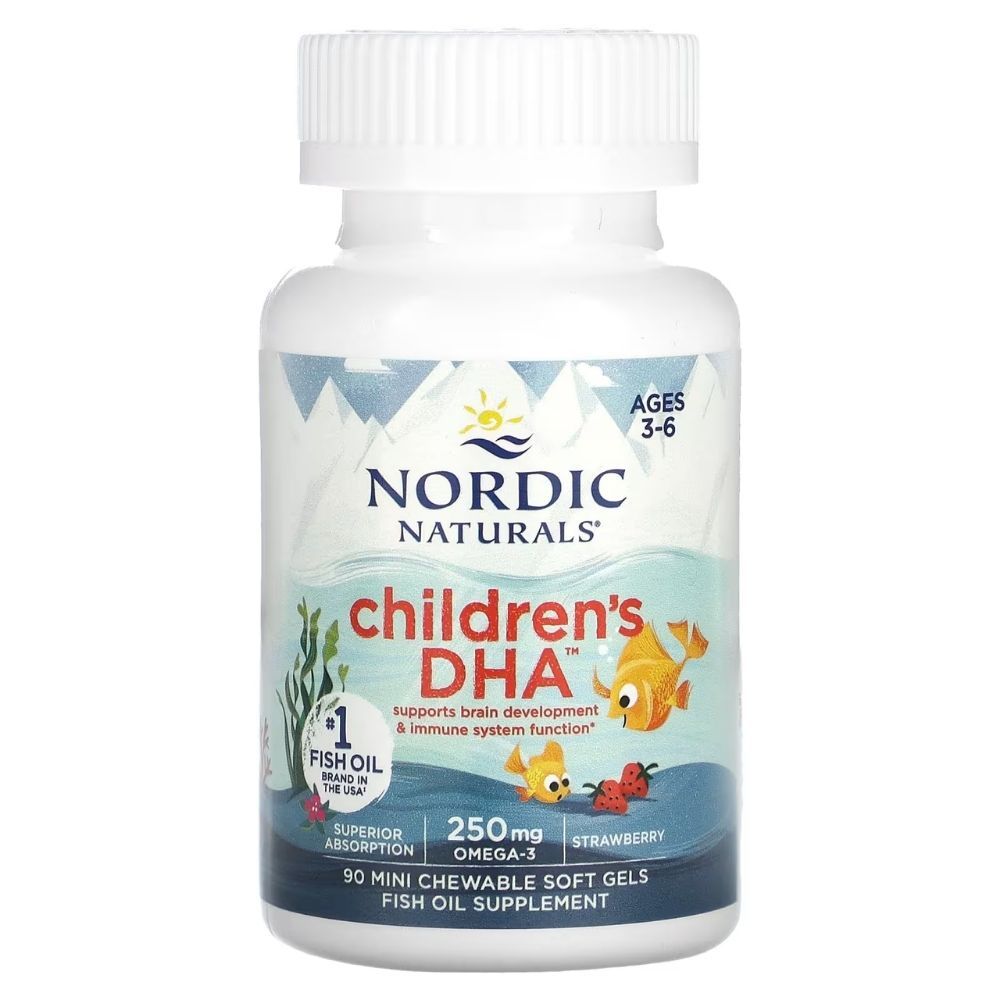 Flacone NORDIC NATURALS Children's DHA Omega-3 gusto fragola, 90 Mini Soft Gel masticabili.