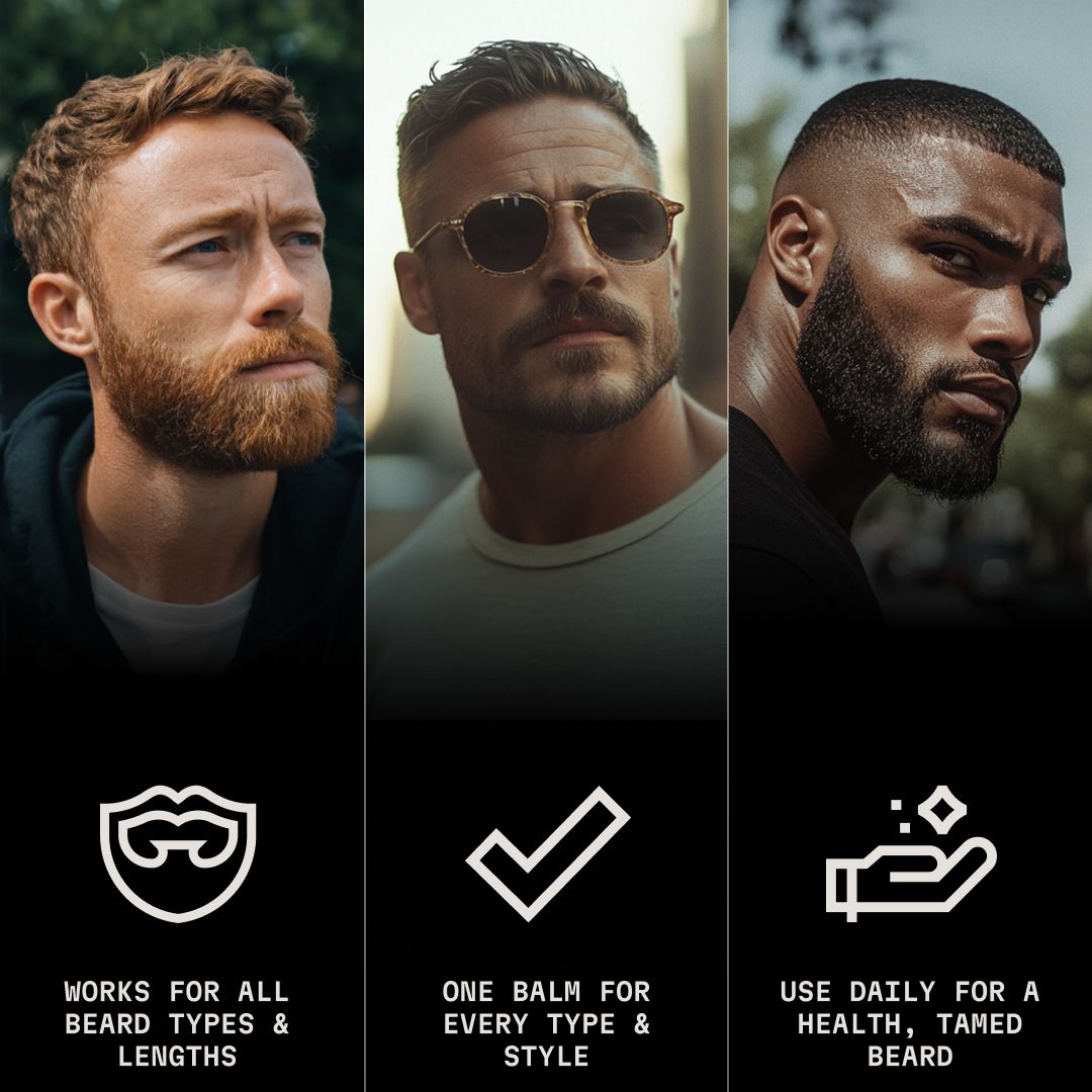 Tre uomini con barbe curate, con icone e testo sulla cura della barba in basso.