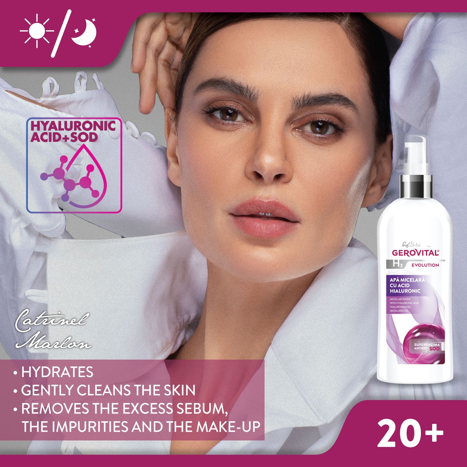 Donna con flacone del prodotto. Scritta Gerovital H3 Evolution. Testo: Idrata, pulisce delicatamente, rimuove il trucco.