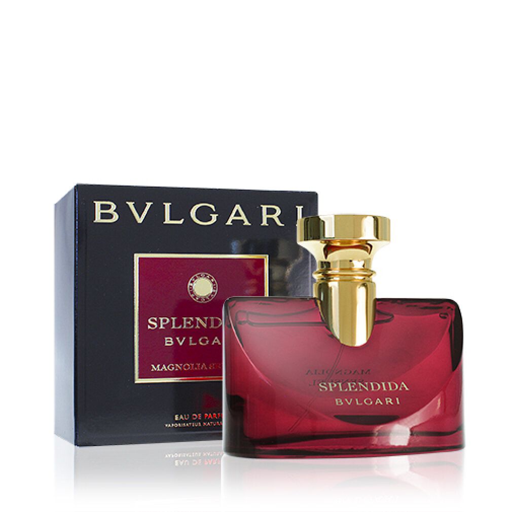 Flacone rosso e scatola nera Bvlgari. Flacone con tappo dorato. Scritta: Splendida Bvlgari, Eau de Parfum.
