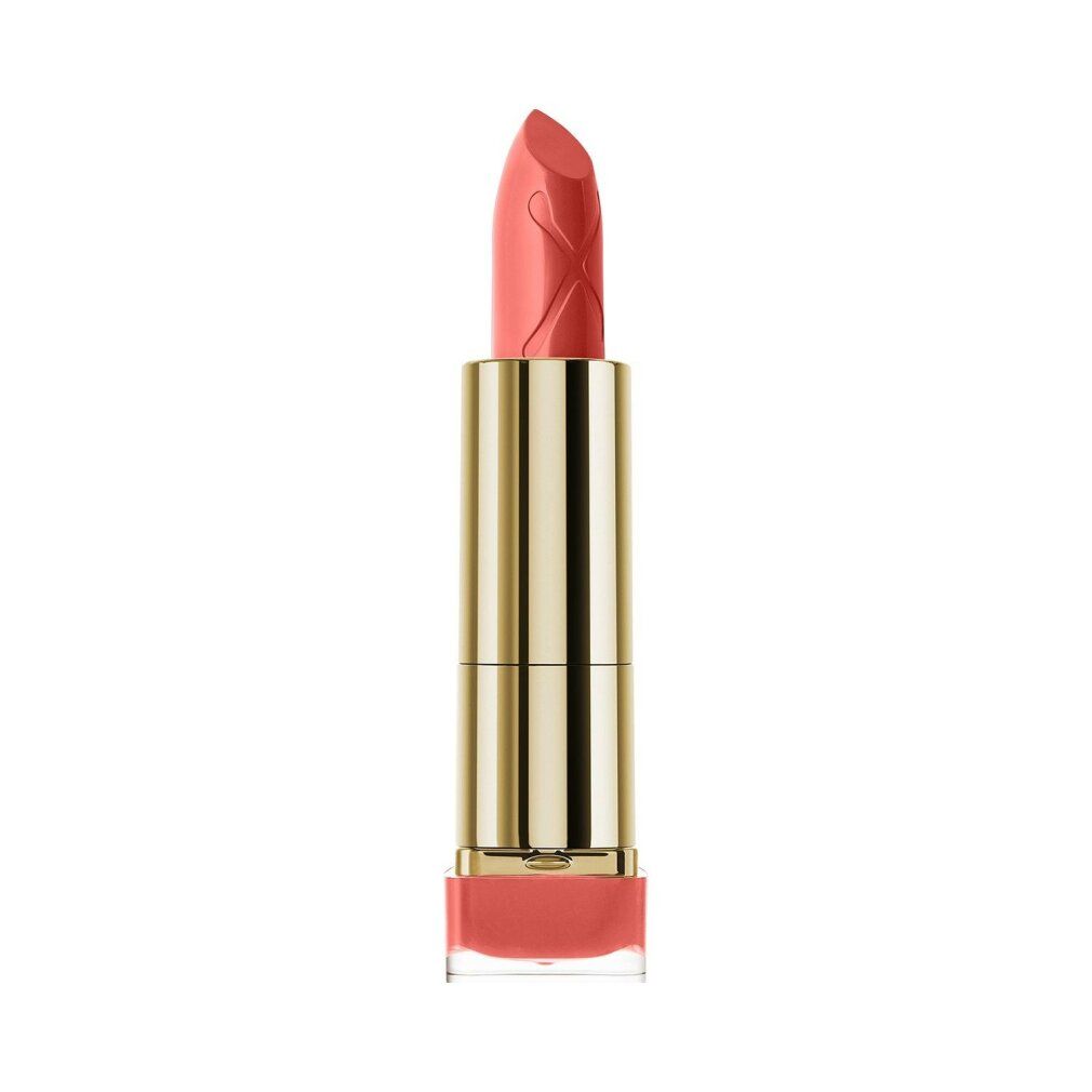 Rossetto rosa brandy. Astuccio dorato, punta rosa. Base con colore del prodotto. Logo Max Factor.