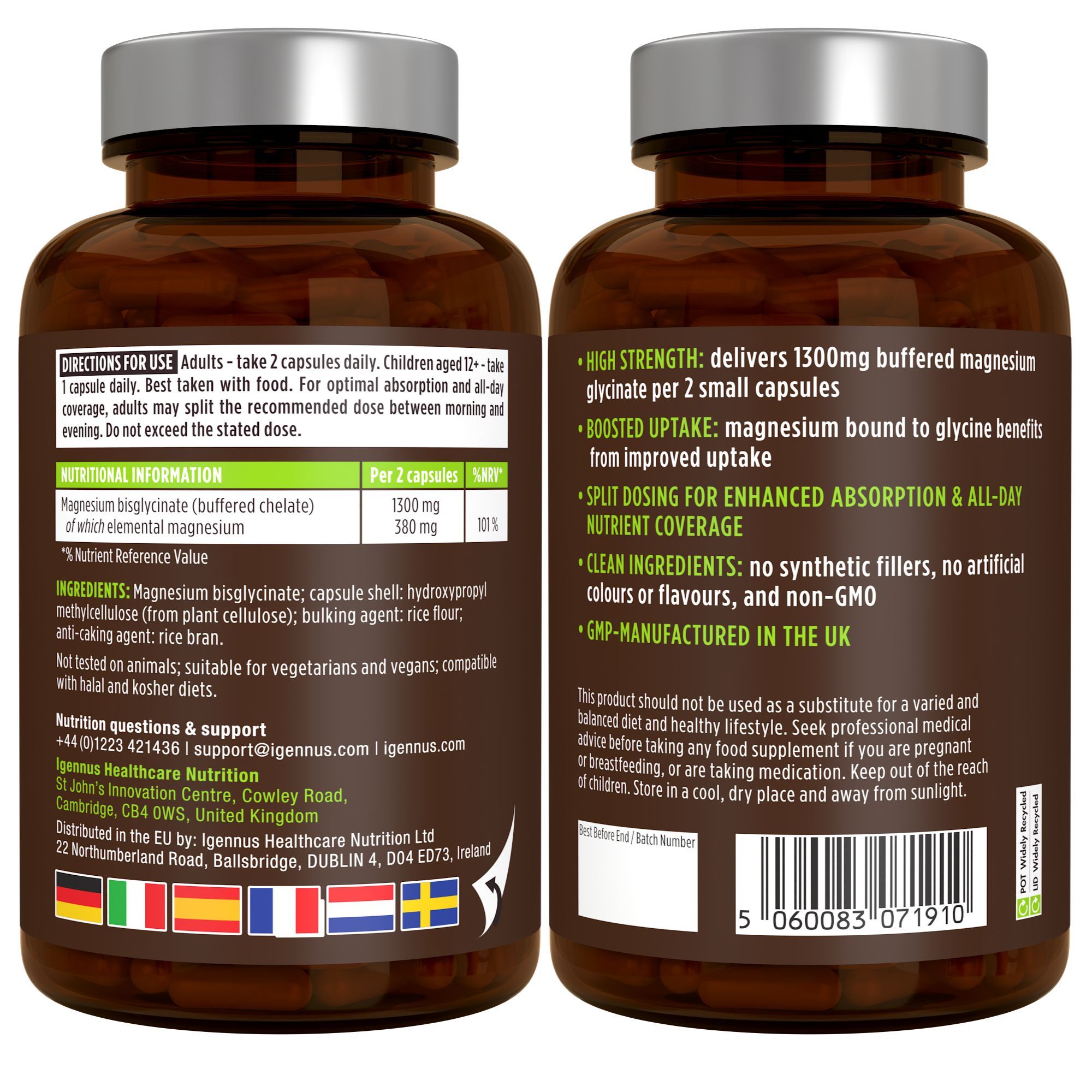 Igennus Magnesio Bisglicinato Chelato 380mg Puro Glicinato Supporta Sonno, Muscoli e Sistema Nervoso