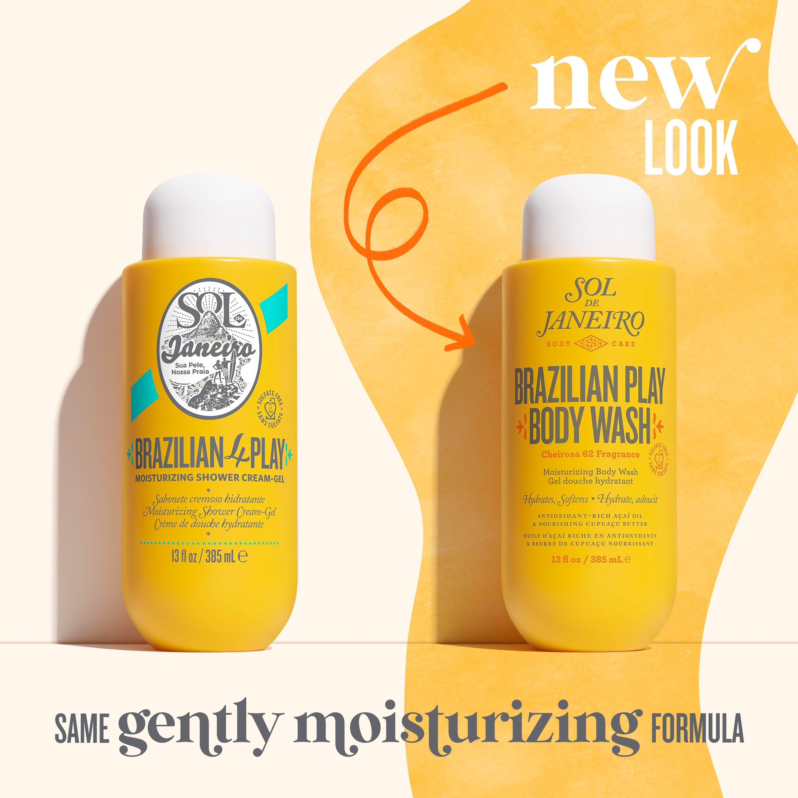 Confronto tra due flaconi di gel doccia Sol de Janeiro. A sinistra: Brazilian 4 Play. A destra: Brazilian Play Body Wash. Gialli.