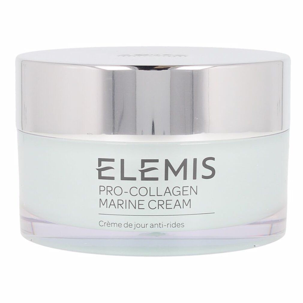Vasetto di crema Elemis Pro-Collagen Marine. Vasetto trasparente con coperchio argentato. Scritta nera.