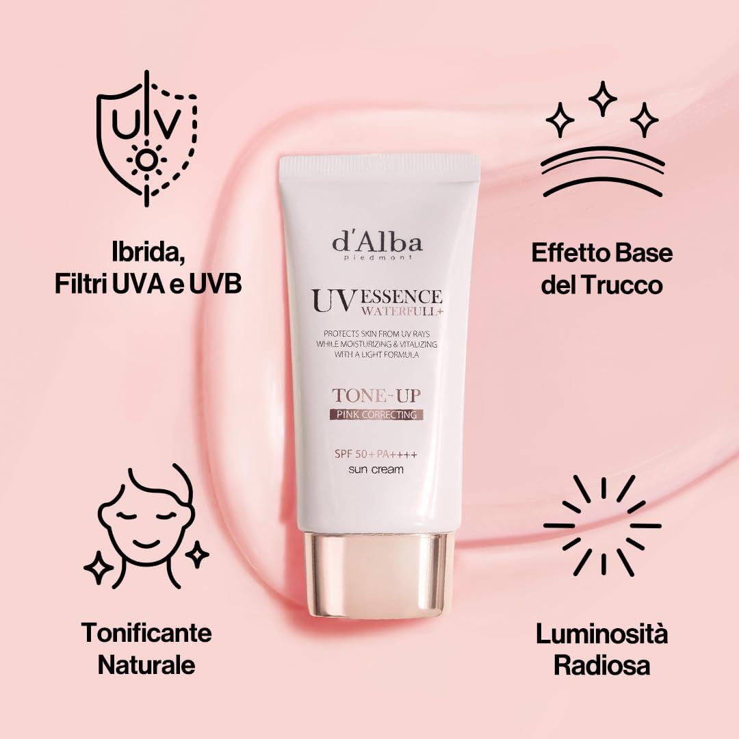 d'Alba UV Essence Waterfull Tone-up Sunscreen. Tubo bianco con informazioni sul prodotto. Simboli per Ibrida, Filtri UVA e UVB, Effetto Base del Trucco, Luminosità Radiosa.