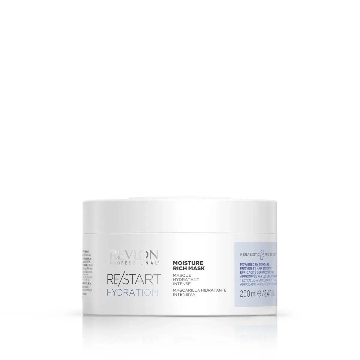 Vasetto bianco con prodotto. Scritta: RE/START Hydration Moisture Rich Mask. 250 ml.