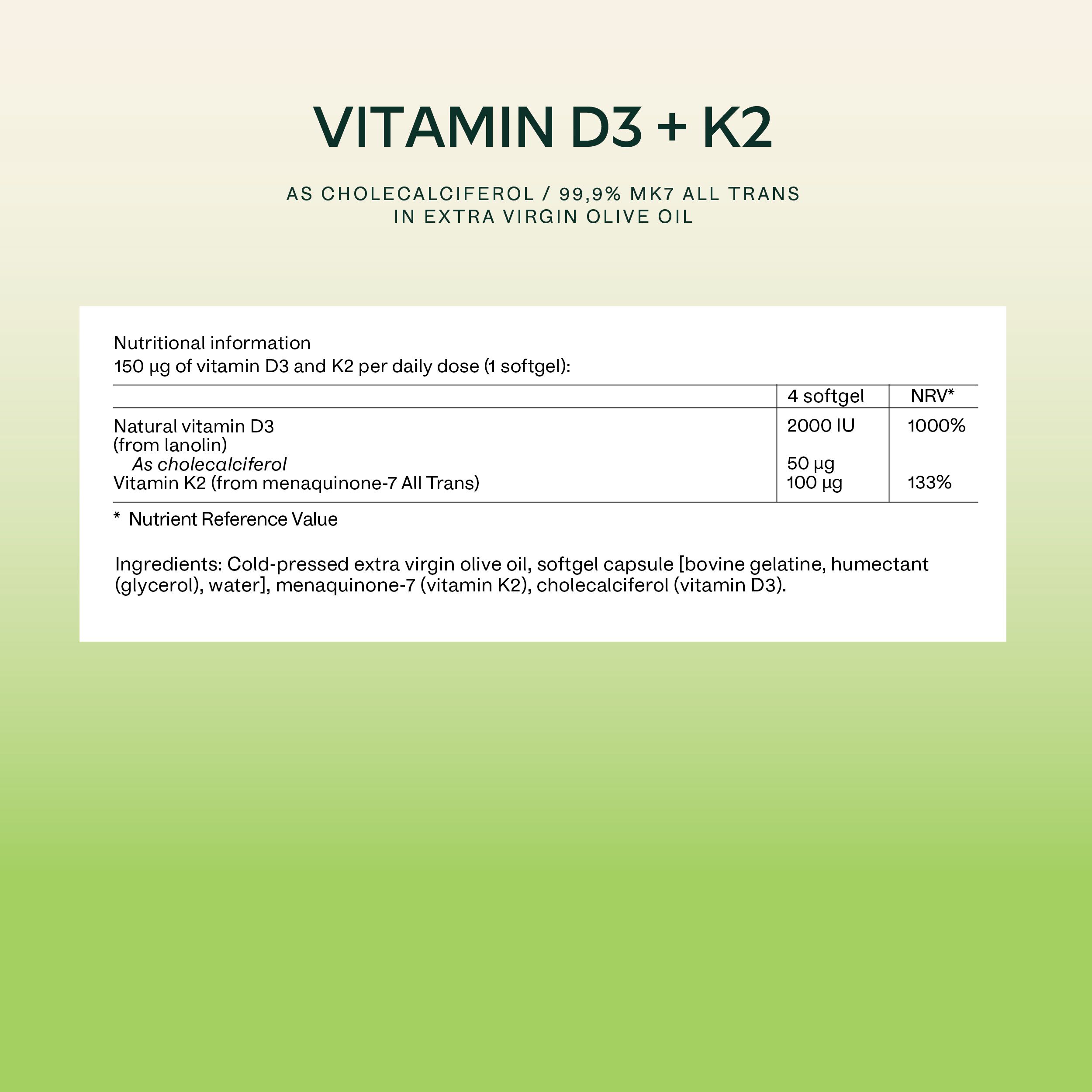 Testo su sfondo verde. Contiene informazioni sui valori nutrizionali e gli ingredienti. Scritta: Vitamina D3 + K2.