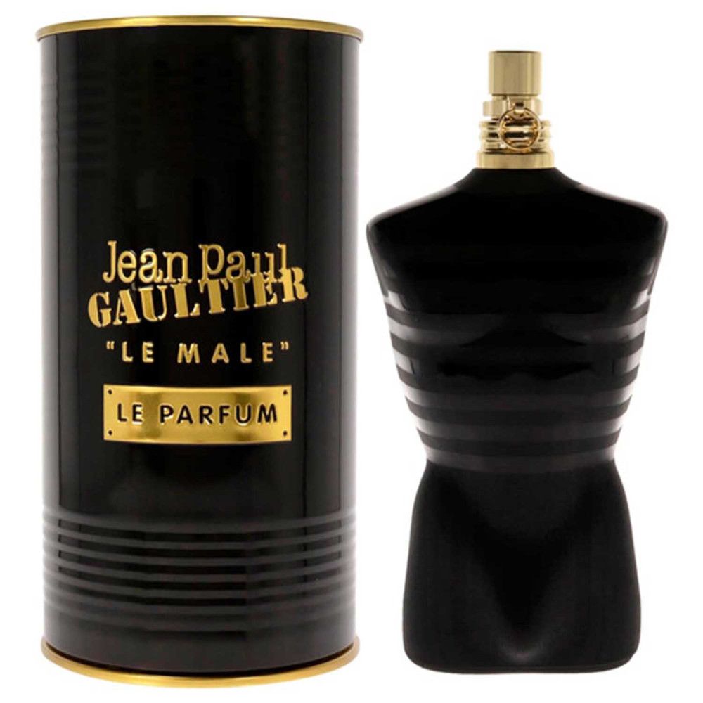 Flacone nero a forma di torso con tappo dorato e scatola cilindrica. Scritta: Jean Paul Gaultier, Le Male, Le Parfum.