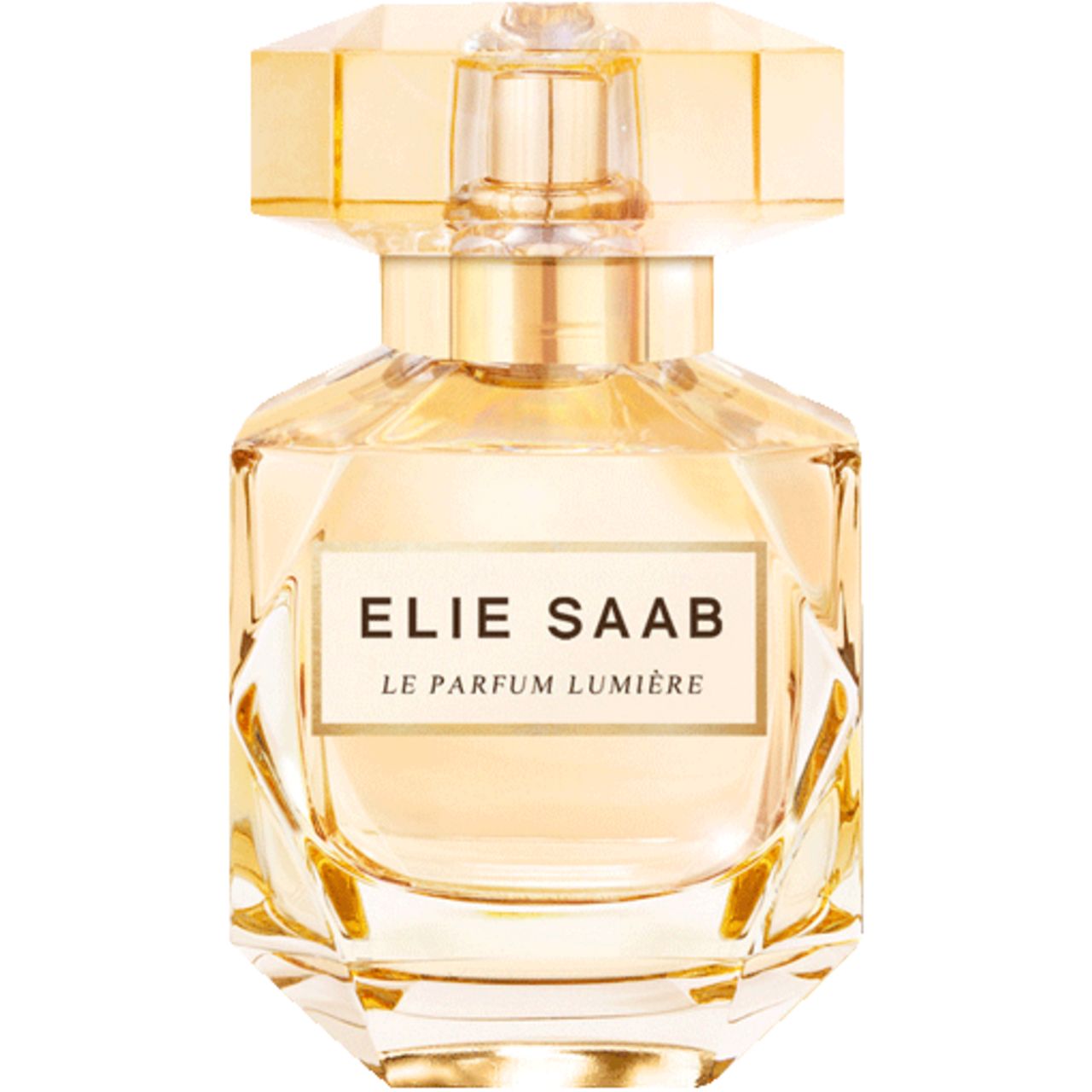 Flacone spray Elie Saab Le Parfum Lumière Eau de Parfum con tappo ed etichetta dorati.