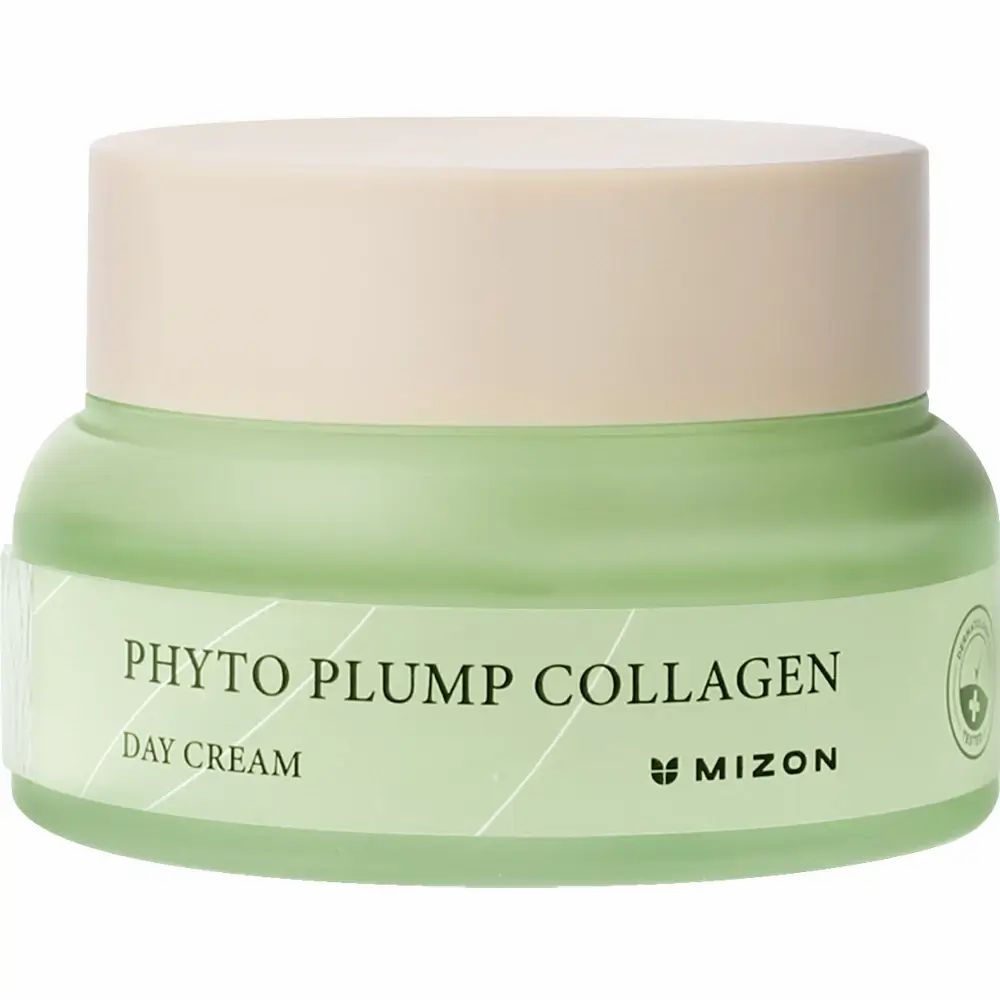Vasetto di crema verde con coperchio beige. Scritta: Phyto Plump Collagen Day Cream. Marchio: Mizon.