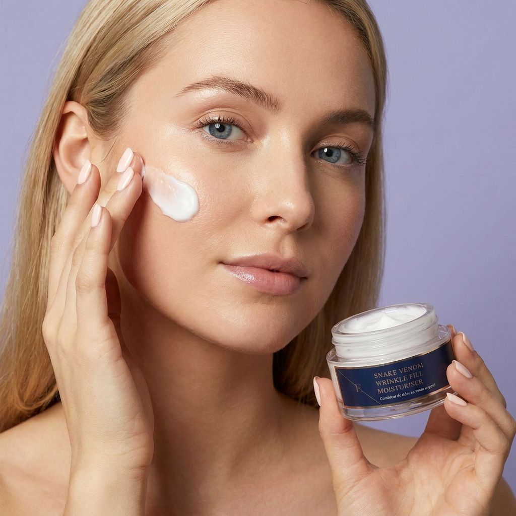 Una donna applica la crema idratante ErthSkin London. Tiene un vasetto di vetro con crema bianca.