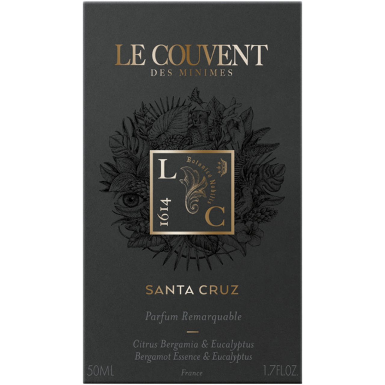 Confezione nera con testo dorato. Visibili "LE COUVENT DES MINIMES" e "SANTA CRUZ". Logo con "1614".